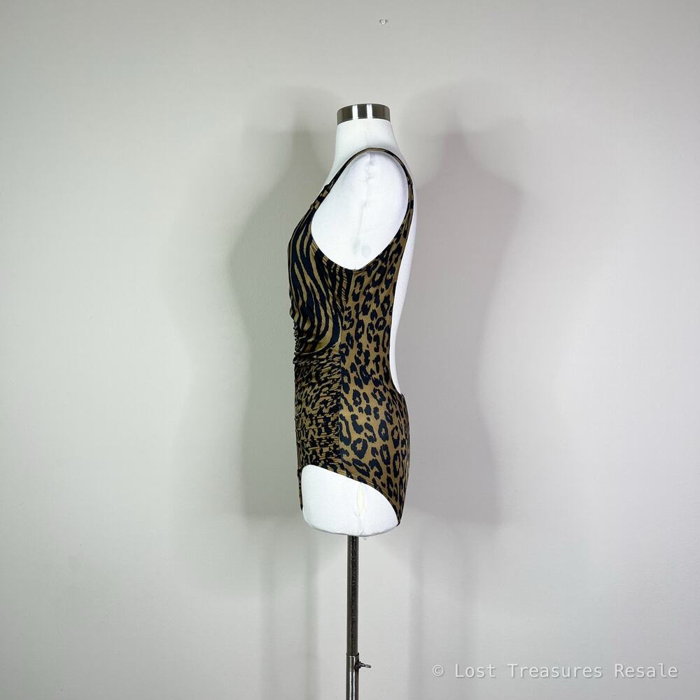 Dior | Vintage Animal Print Brown Black Open Back Ruched One Piece Swimsuit 8 - Picture 8 of 9